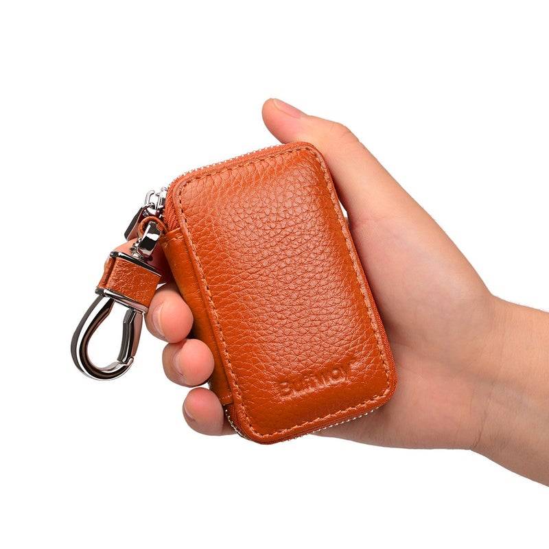 Buffway Car keychain,Genuine Leather Car Key Chain Coin Holder Metal Hook and Keyring Wallet Zipper Bag for Vehicle Keyless Entry - Brown - Image 2